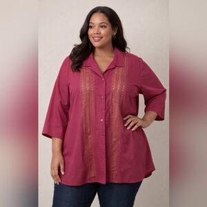 3X Liz Claiborne, Dark Pink, Cranberry Color, Button Up, Gold Mettallic Designs.